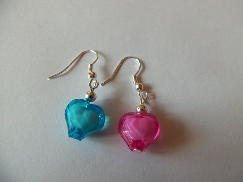 Boucles d'oreilles coeur bleu et rose